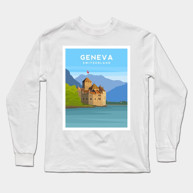 Lake Geneva, Switzerland - Chillon Castle Long Sleeve T-Shirt by typelab